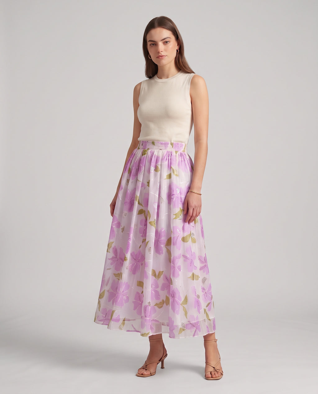 Rose Bloom Sequin Embroidered Maxi Skirt (ilac)