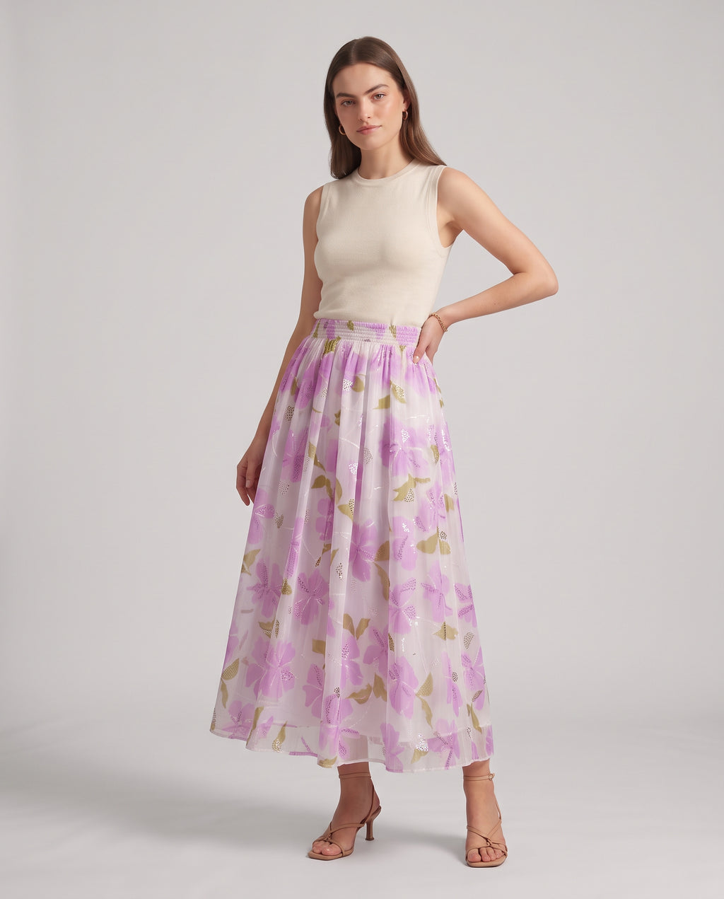 Rose Bloom Sequin Embroidered Maxi Skirt (ilac)