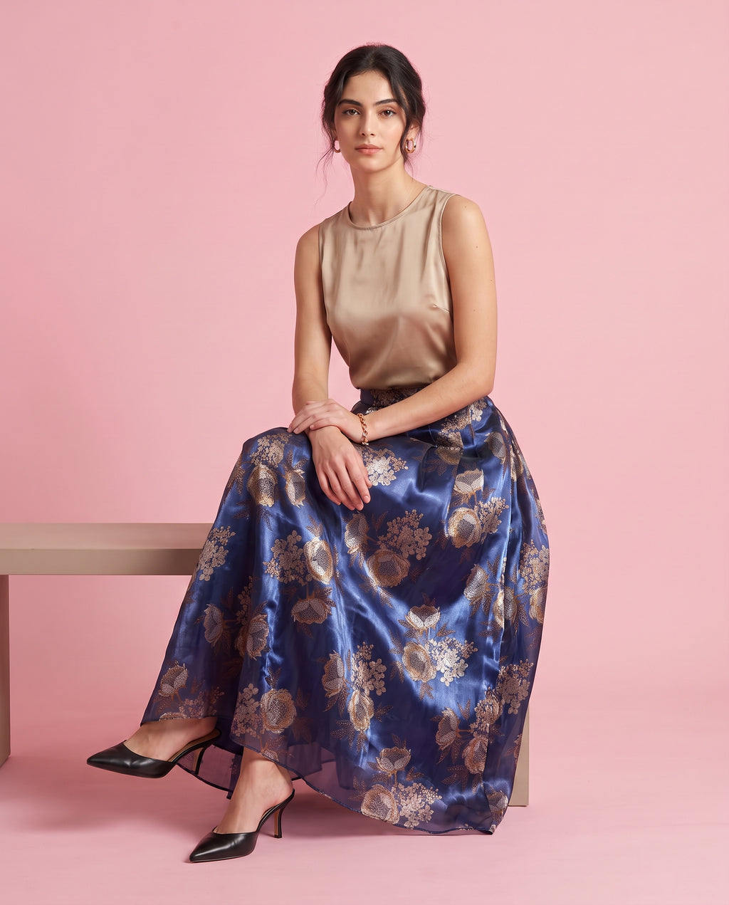 Peony Print Organza Maxi Skirt (Navy)