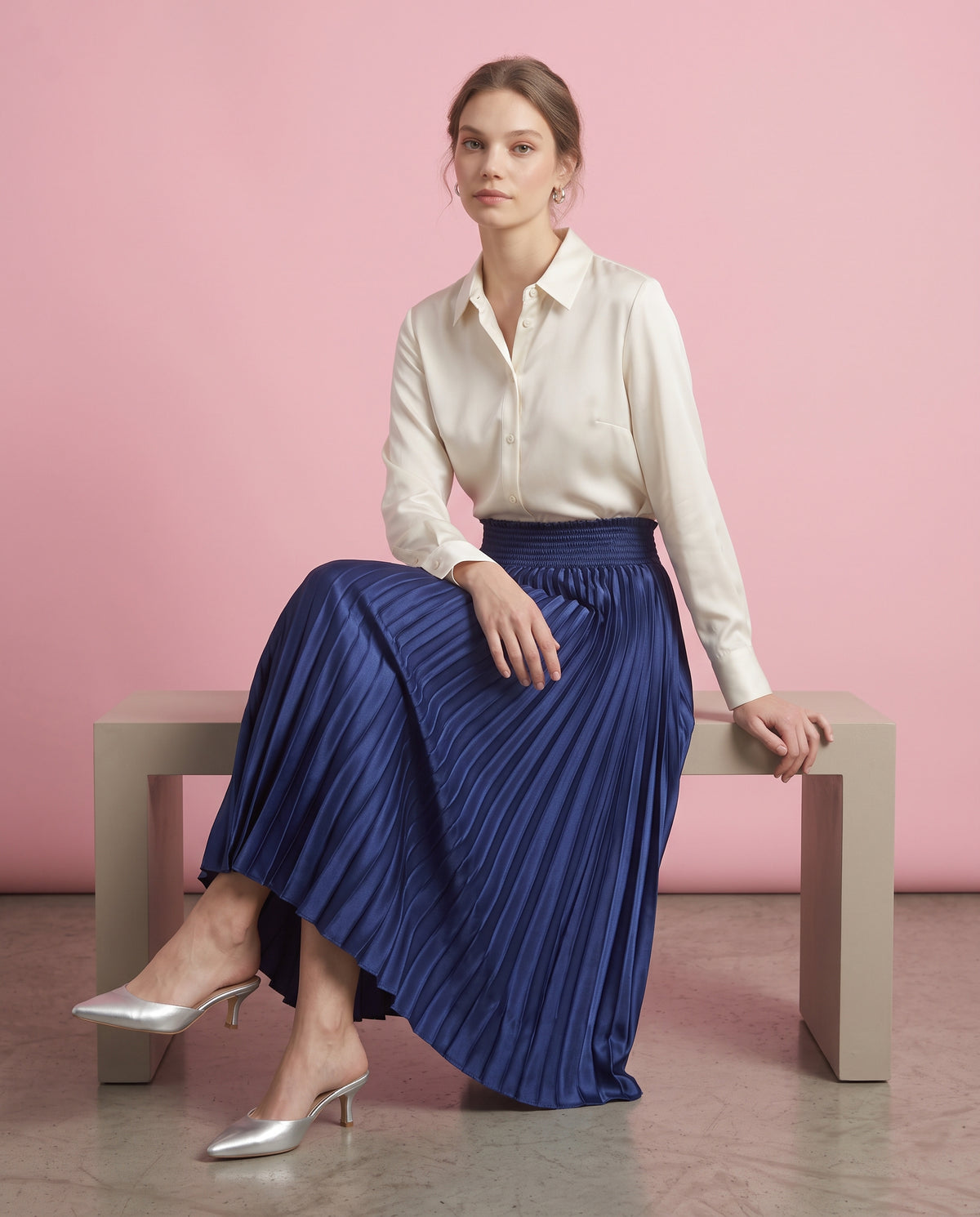 Pleated Satin Maxi Skirt (Navy)