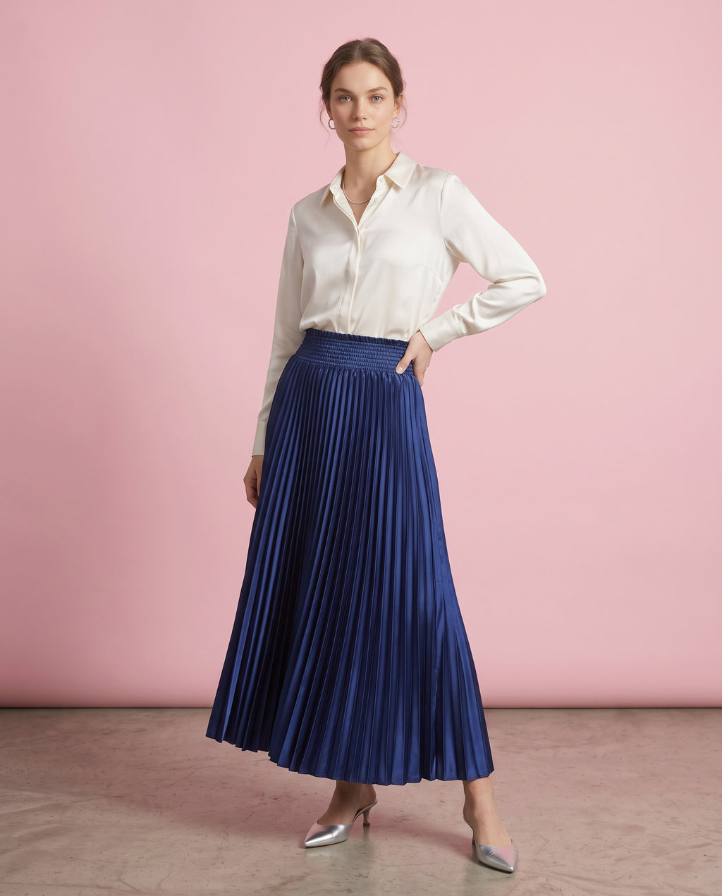 Pleated Satin Maxi Skirt (Navy)
