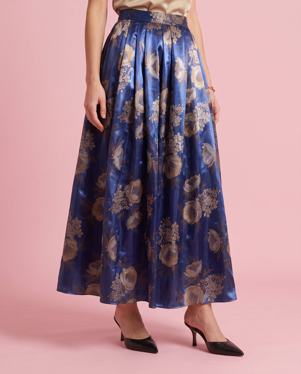 Peony Print Organza Maxi Skirt (Navy)