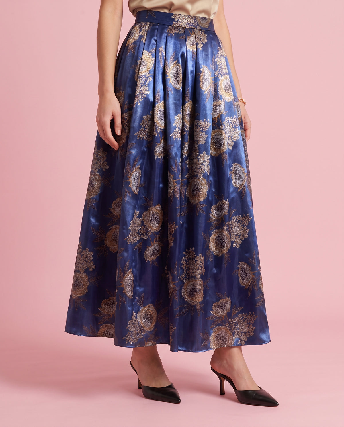Peony Print Organza Maxi Skirt (Navy)