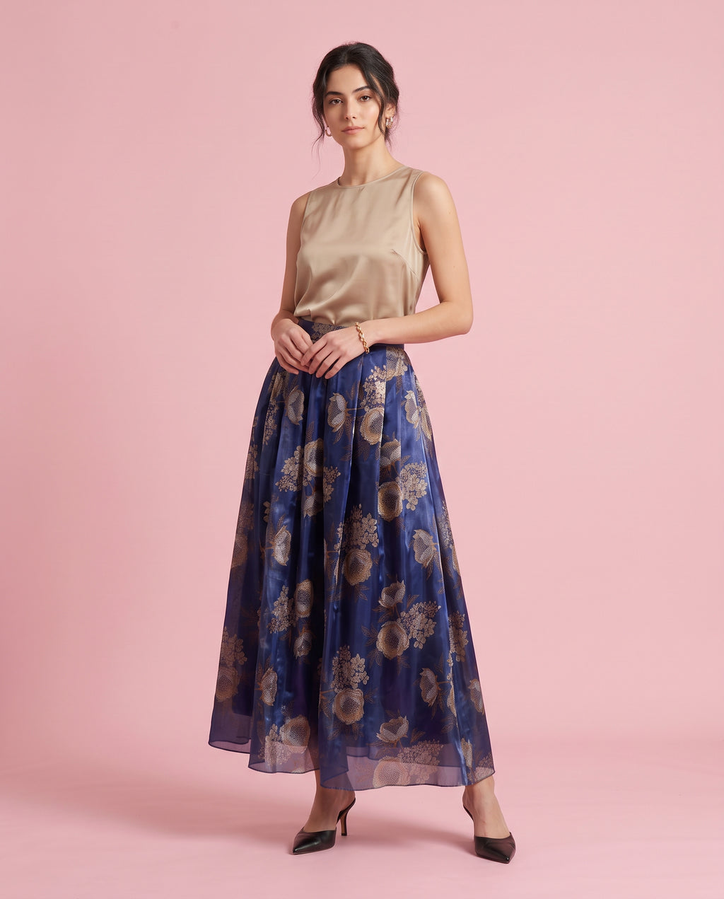 Peony Print Organza Maxi Skirt (Navy)