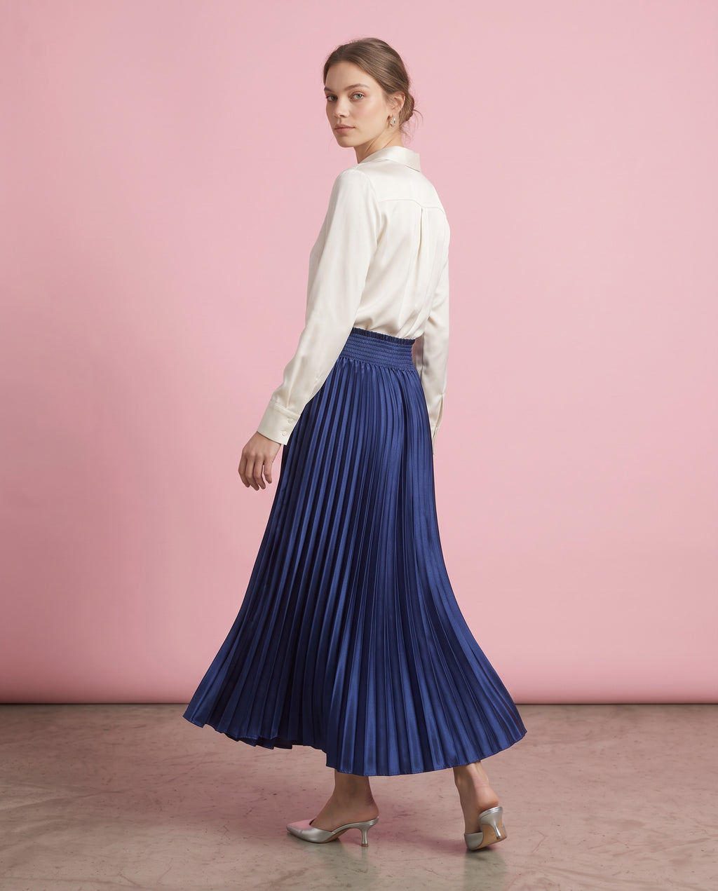 Pleated Satin Maxi Skirt (Navy)