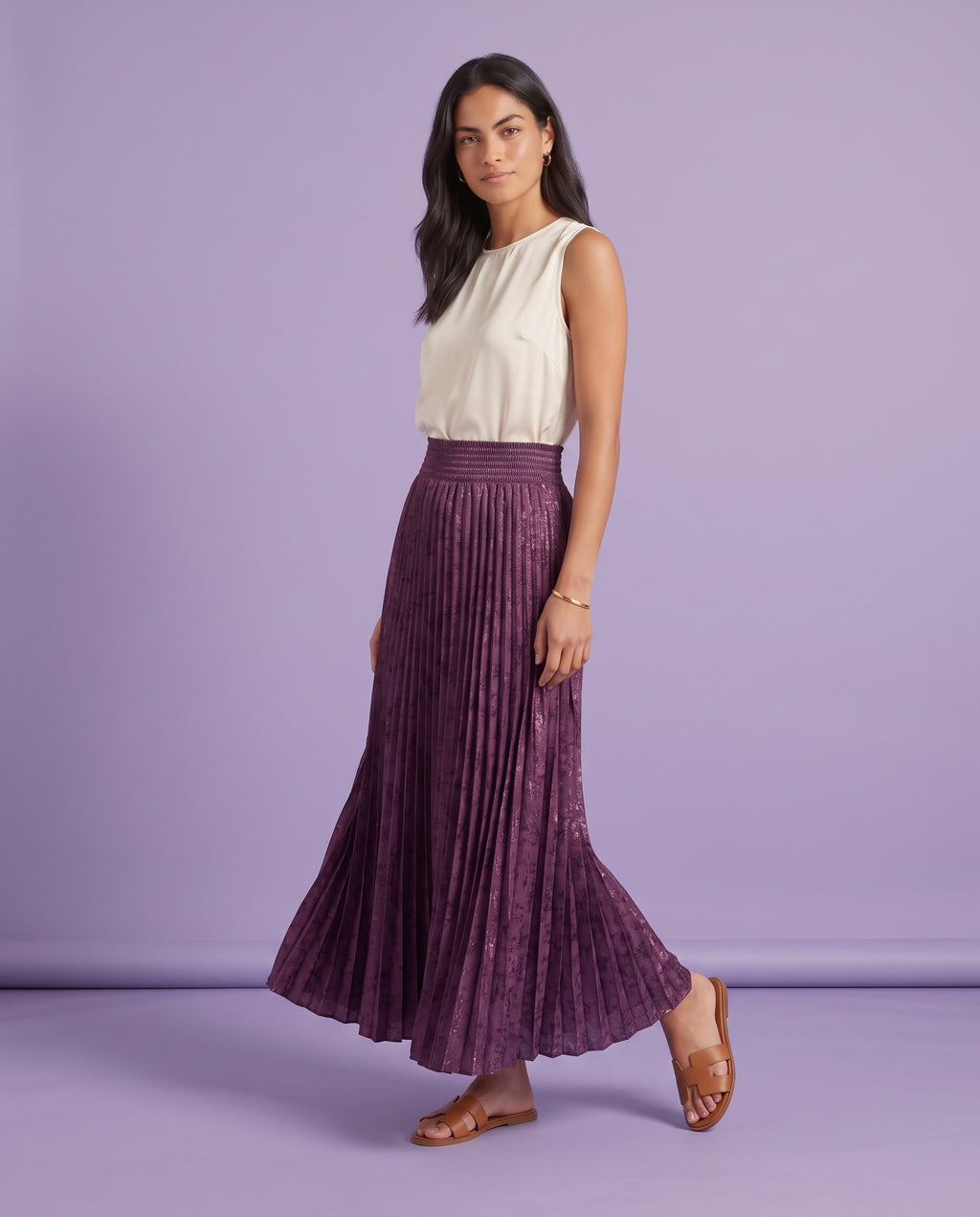 Jacquard_Pleated Maxi Skirt (plum)