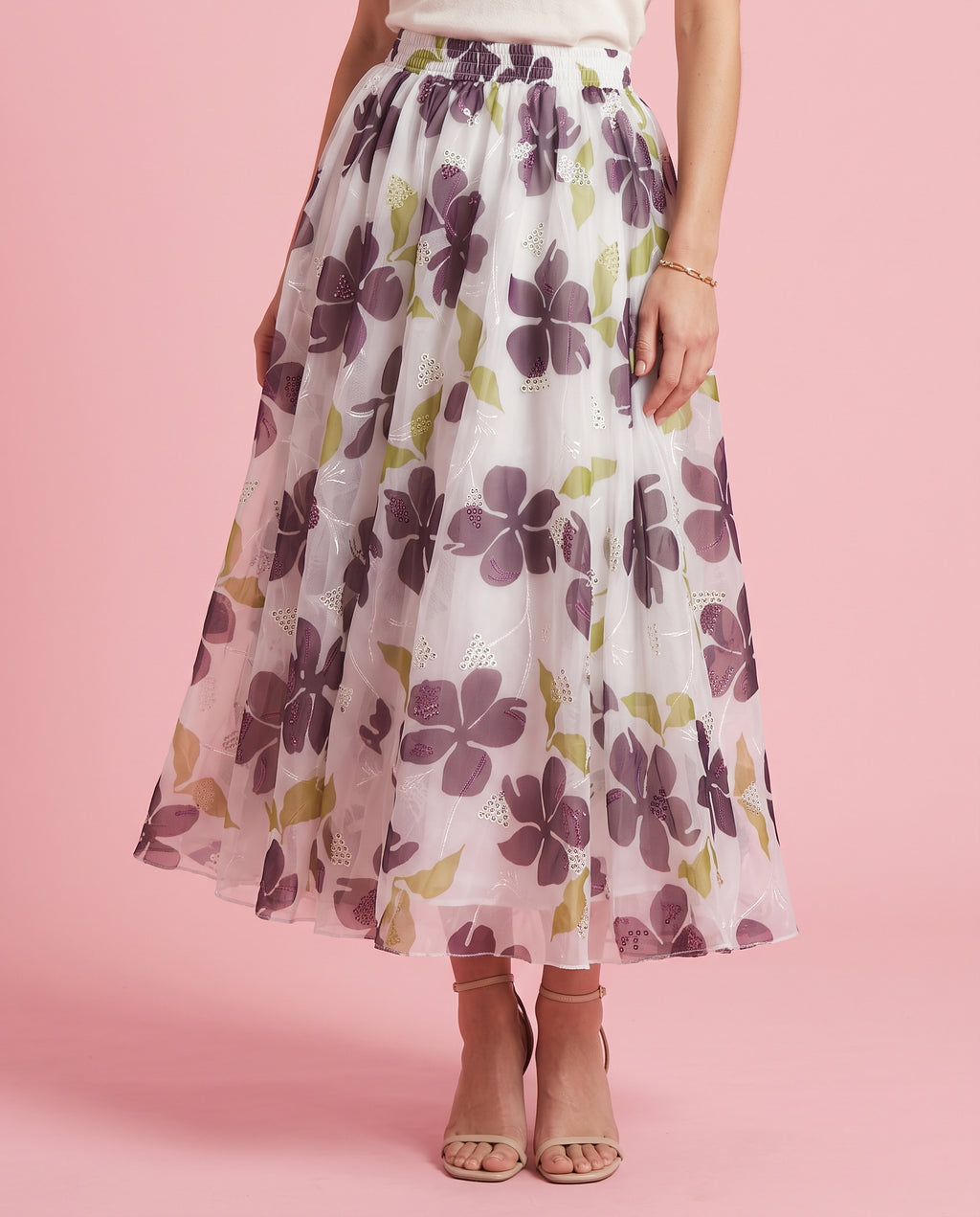 Rose Bloom Sequin Embroidered Maxi Skirt (plum)