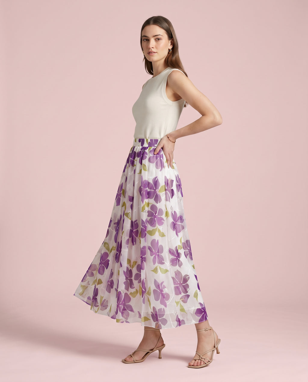 Rose Bloom Sequin Embroidered Maxi Skirt (purple)