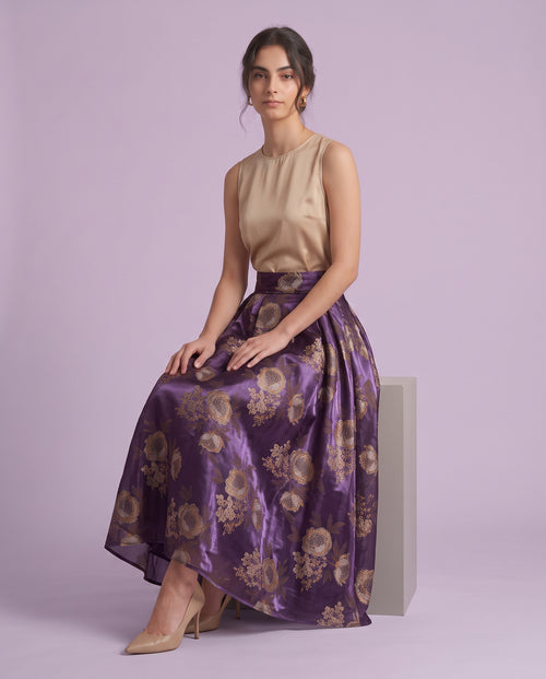 Aubergine Peony Print Organza Maxi Skirt