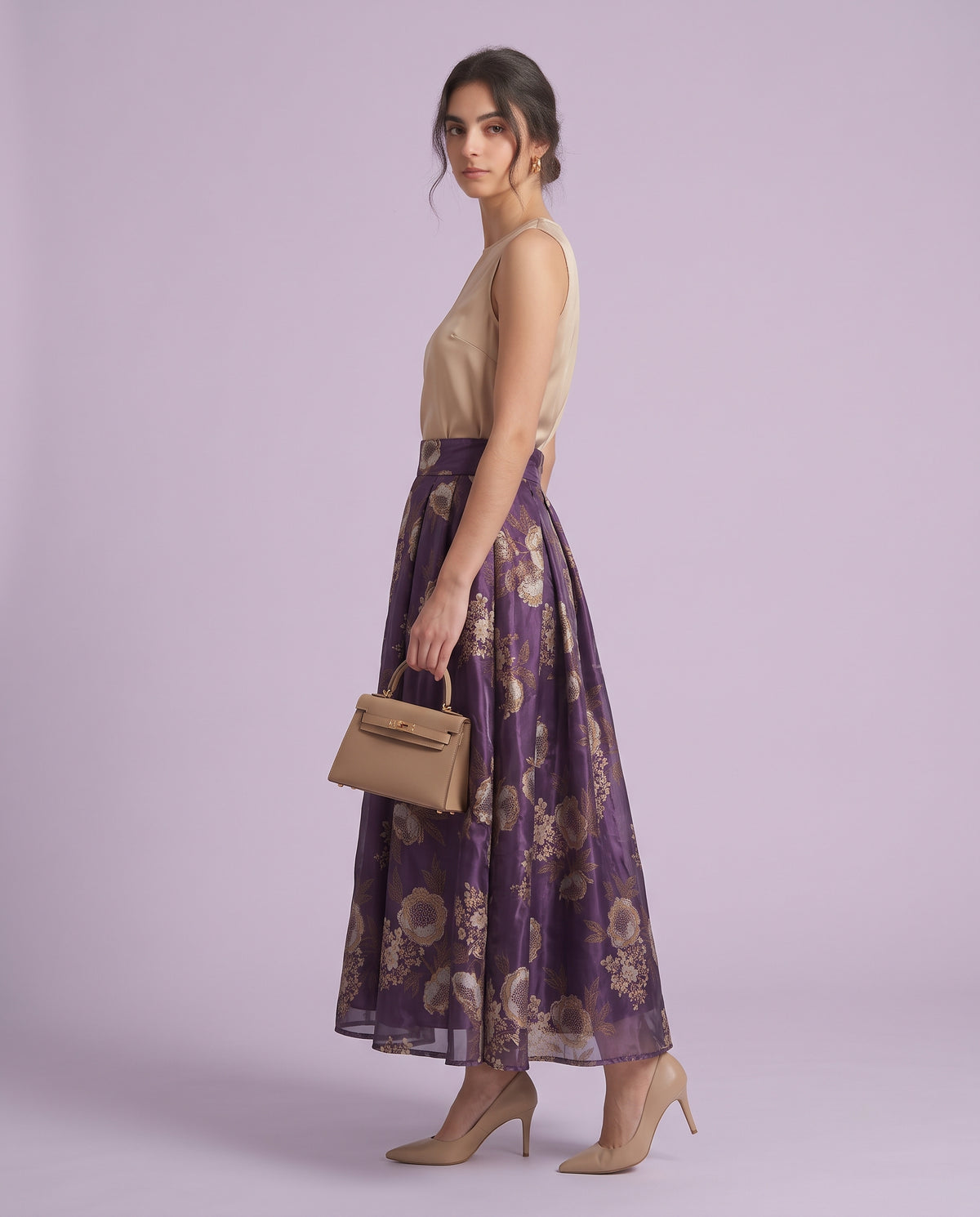 Aubergine Peony Print Organza Maxi Skirt