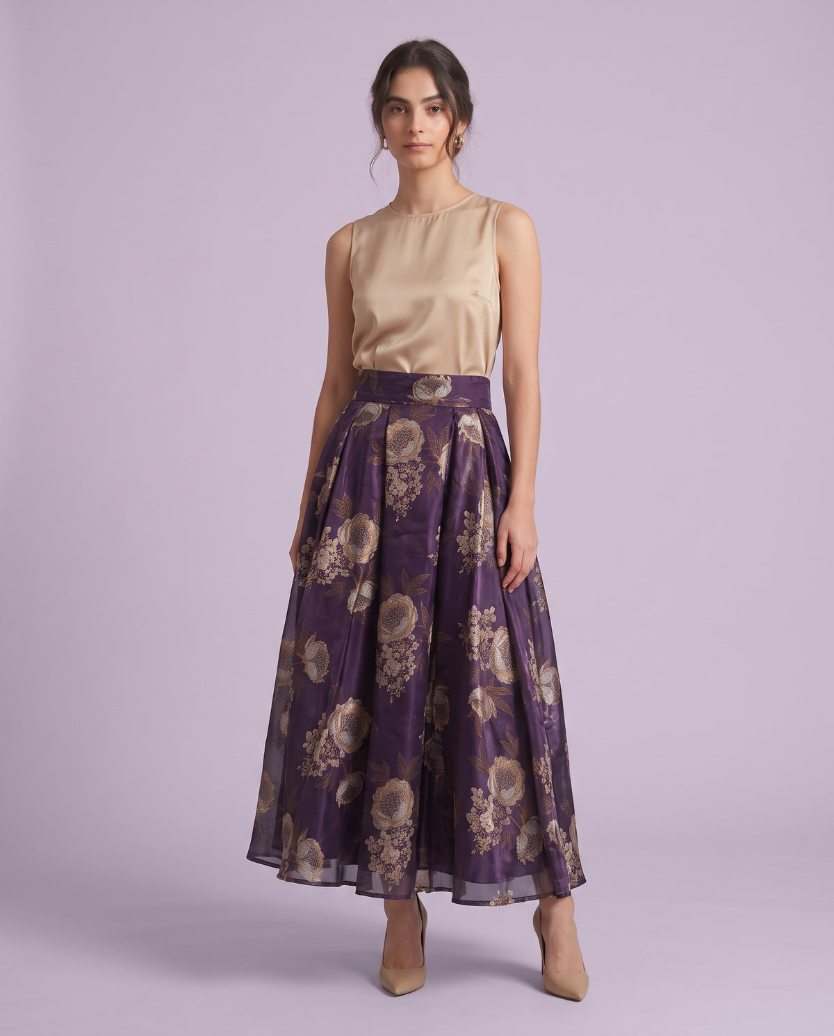 Aubergine Peony Print Organza Maxi Skirt