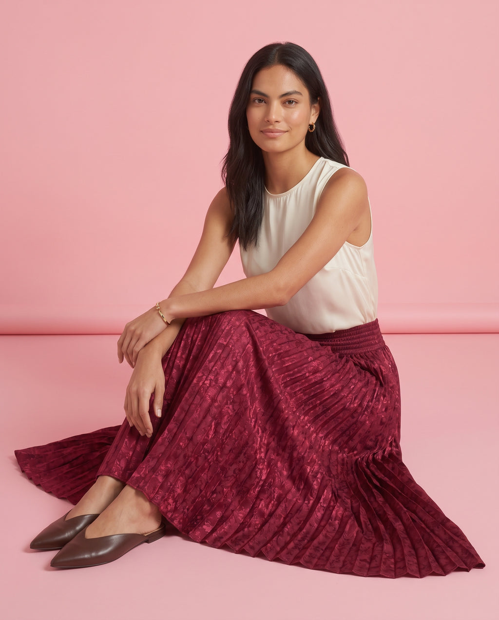 Jacquard_Pleated Maxi Skirt (Red)