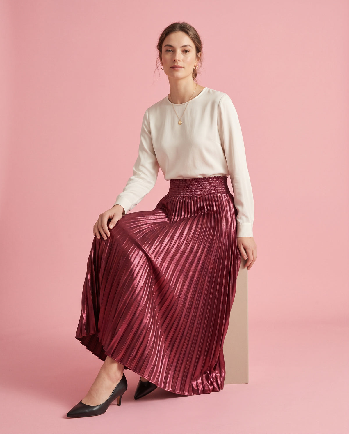 Pleated Satin Maxi Skirt (Red)