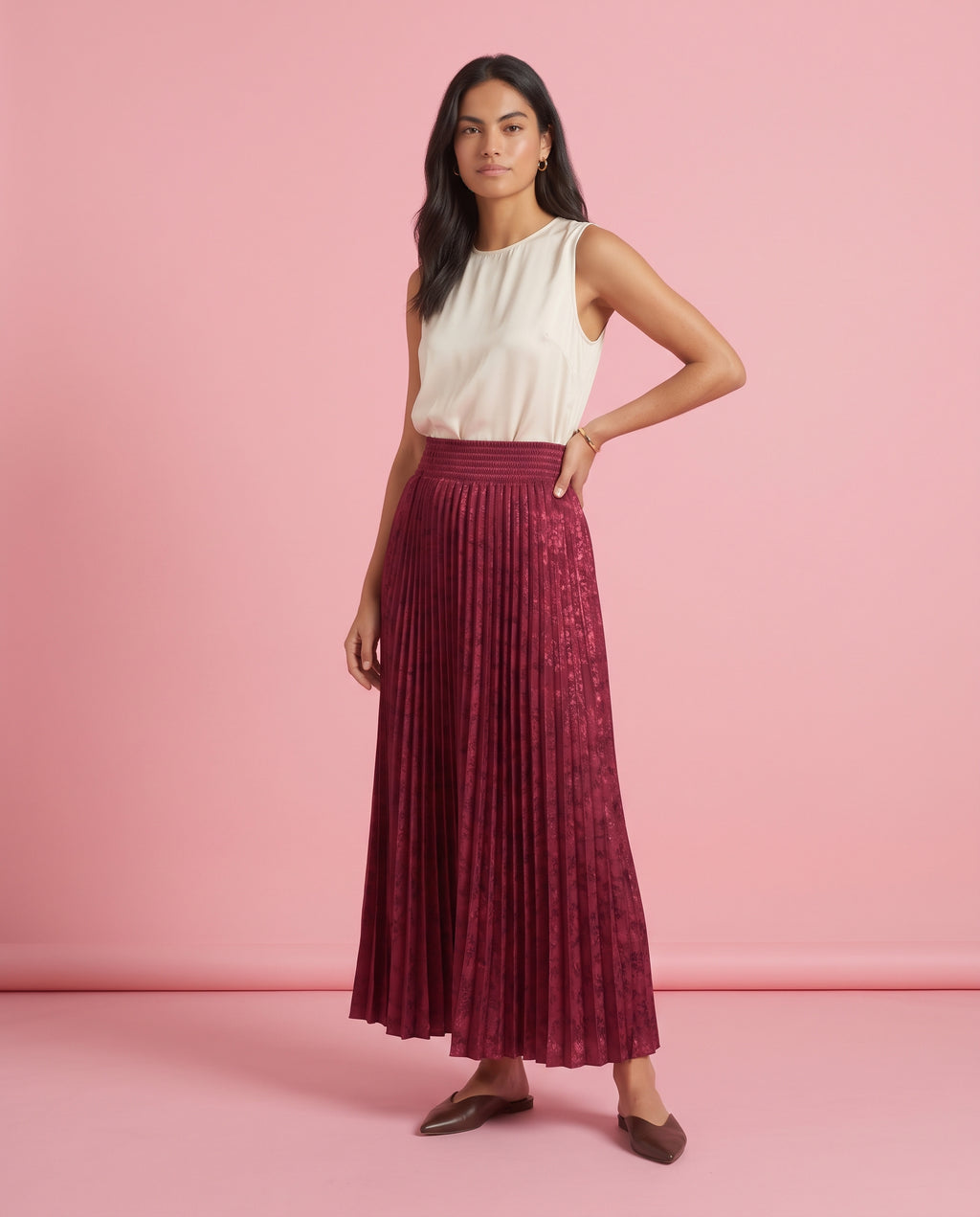 Jacquard_Pleated Maxi Skirt (Red)