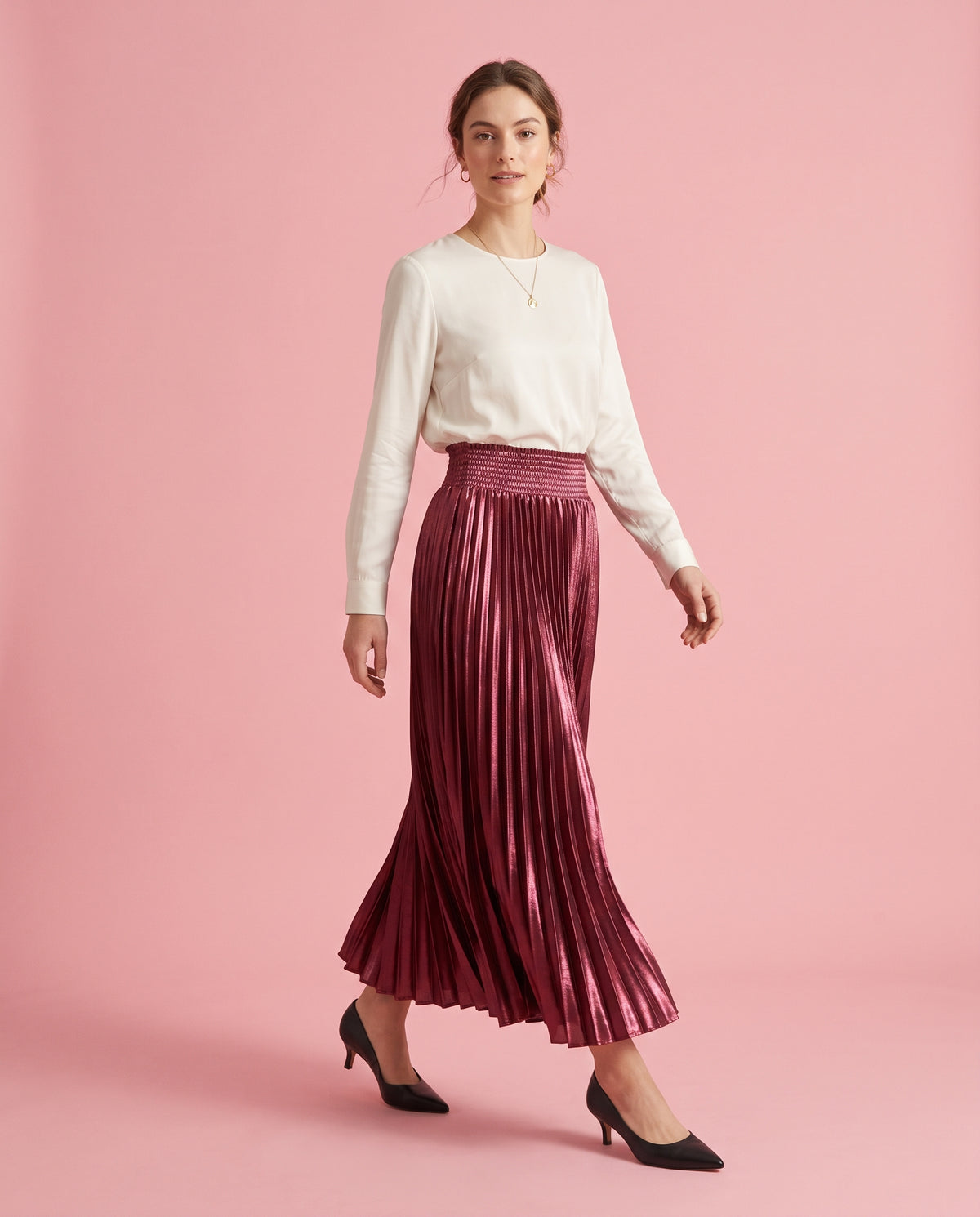 Pleated Satin Maxi Skirt (Red)