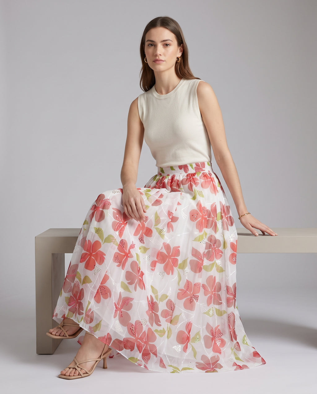 Rose Bloom Sequin Embroidered Maxi Skirt