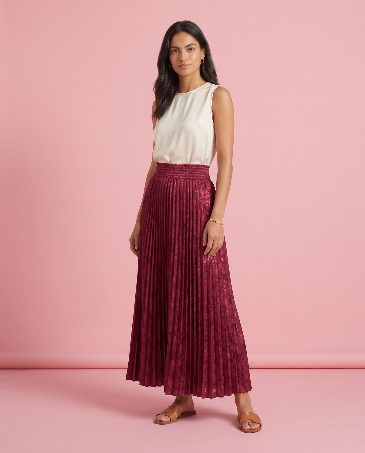 Jacquard_Pleated Maxi Skirt (Red)