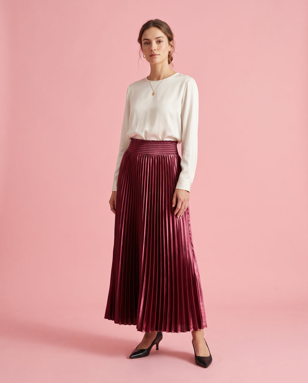 Pleated Satin Maxi Skirt (Red)
