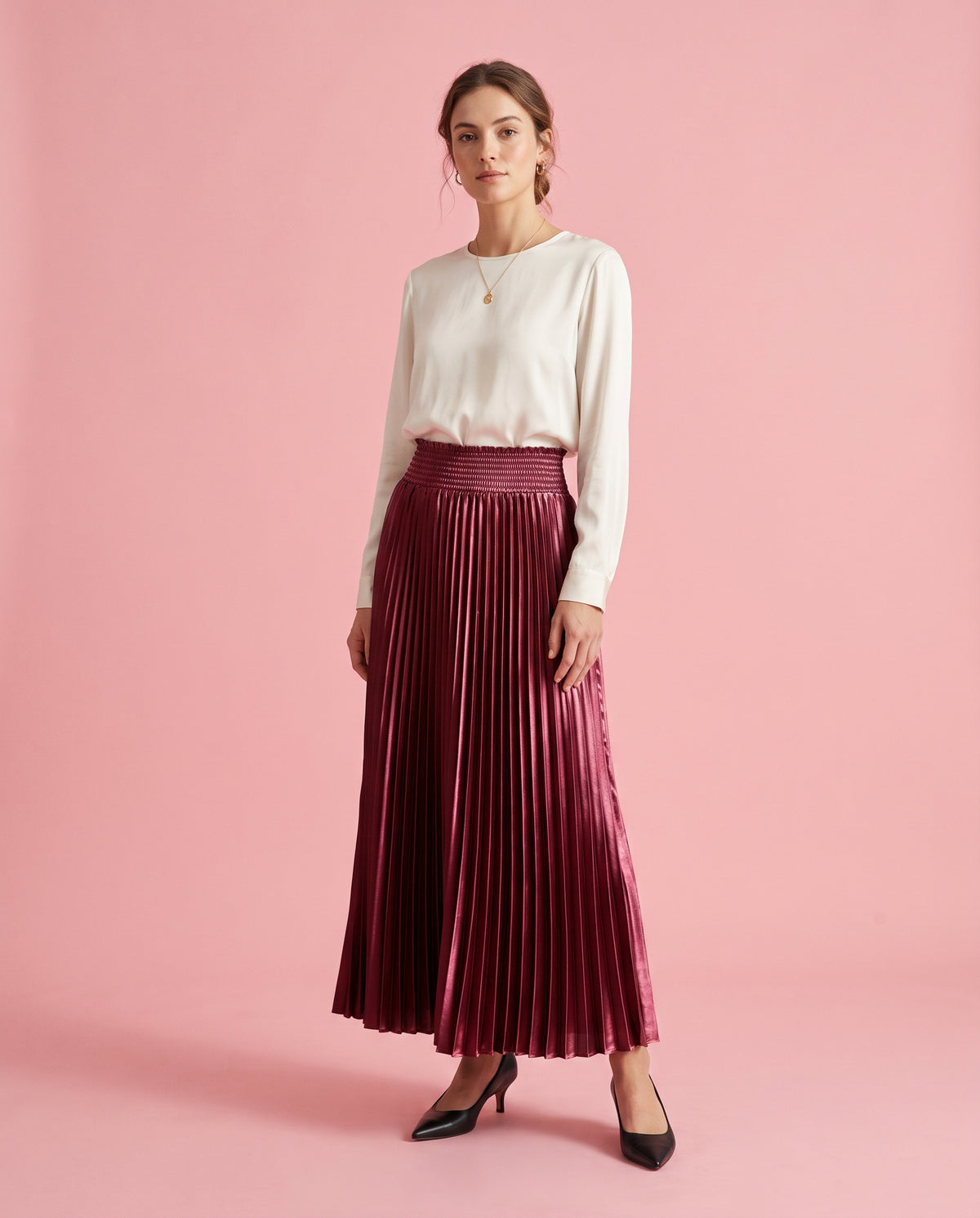 Pleated Satin Maxi Skirt (Red)