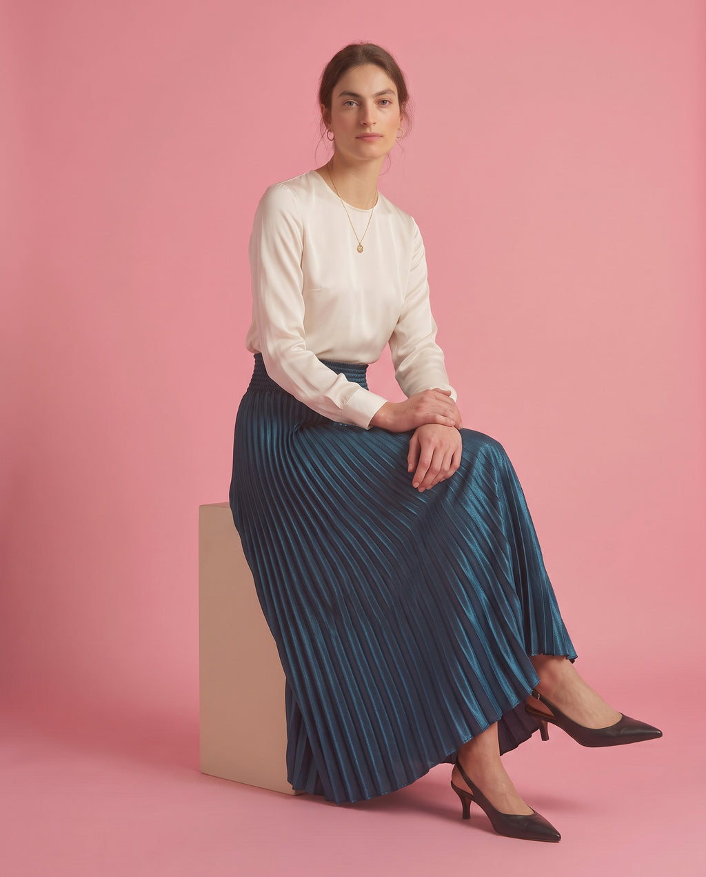 Pleated Satin Maxi Skirt (teal)