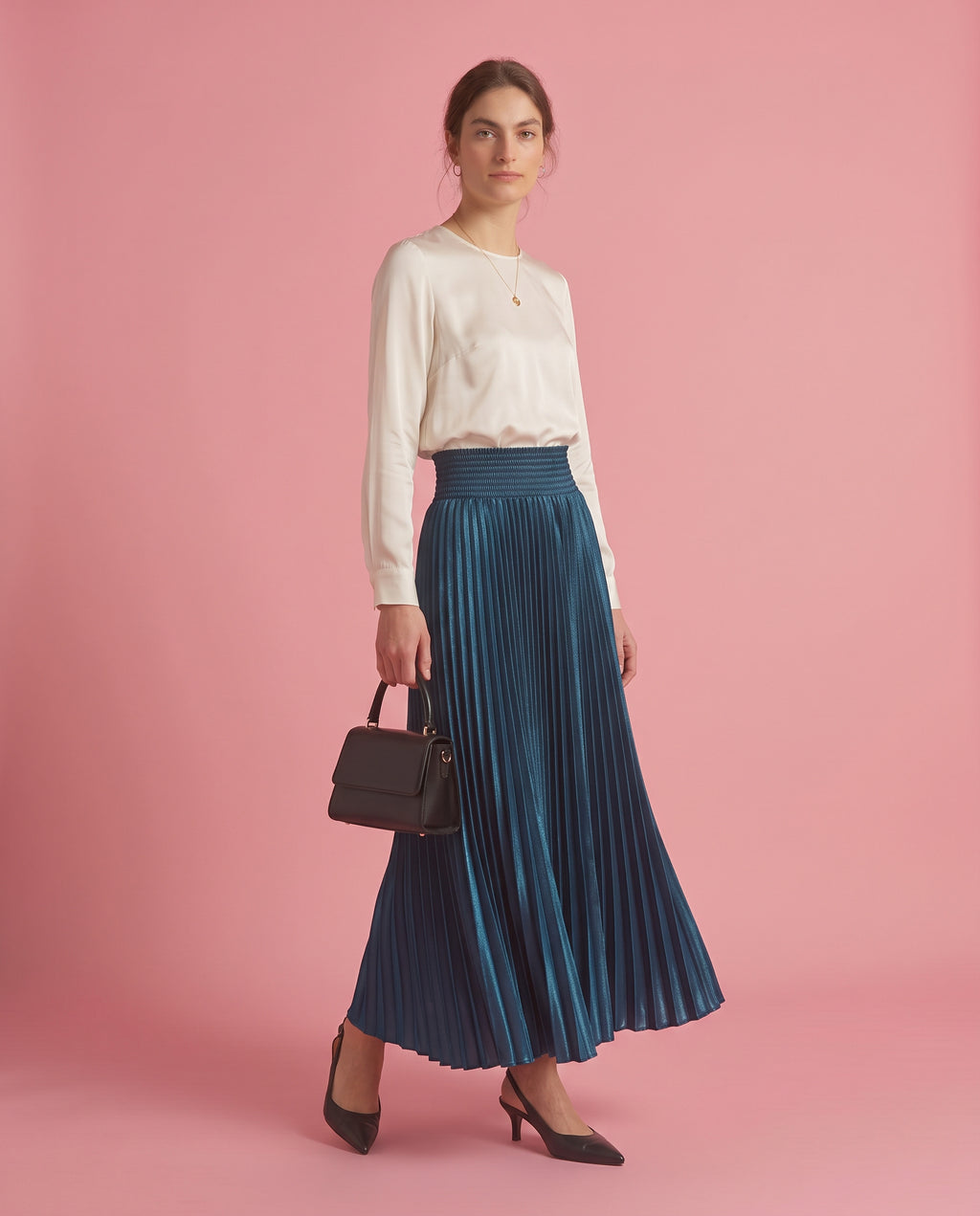 Pleated Satin Maxi Skirt (teal)
