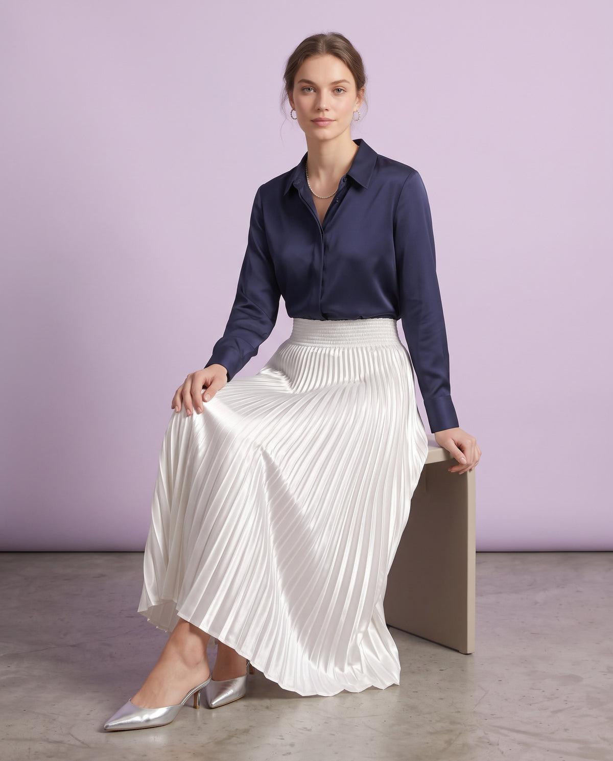 Pleated Satin Maxi Skirt (White)
