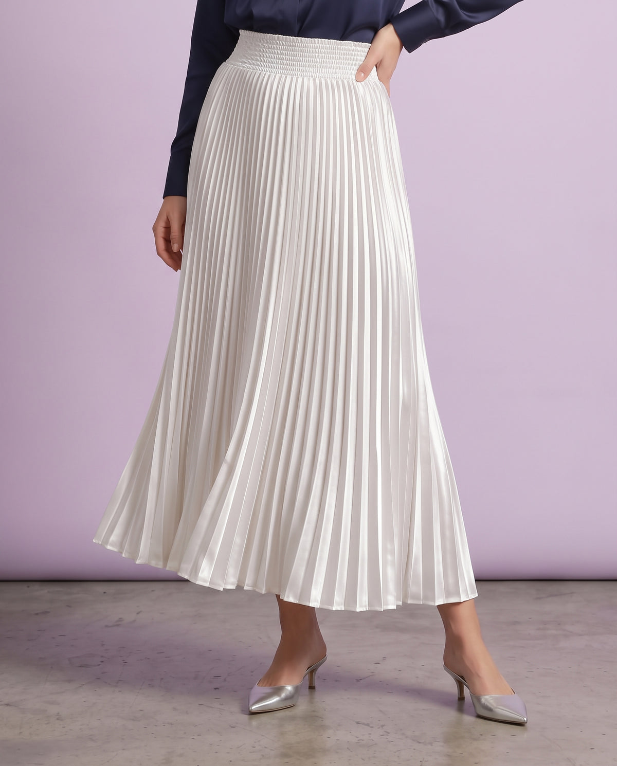 Pleated Satin Maxi Skirt (White)