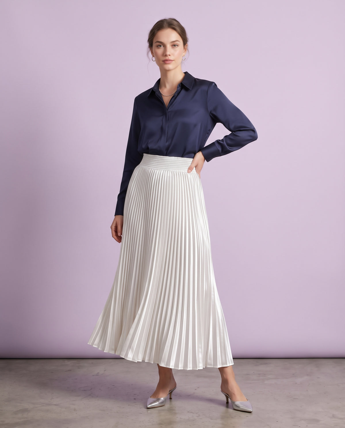 Pleated Satin Maxi Skirt (White)